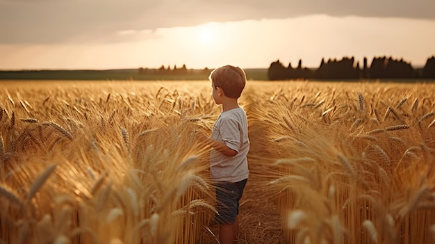 A boy stands in a field of wheat