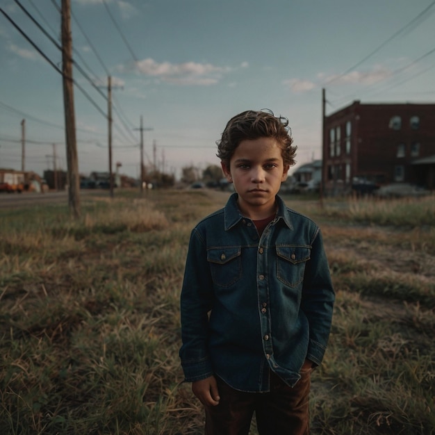 a boy stands in a field with a denim jacket on