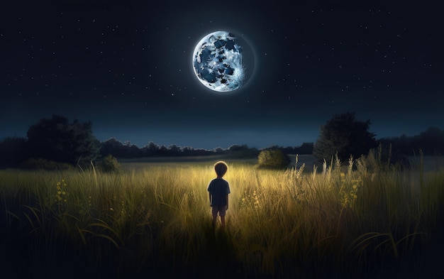 A boy stands in a field with the moon in the background.