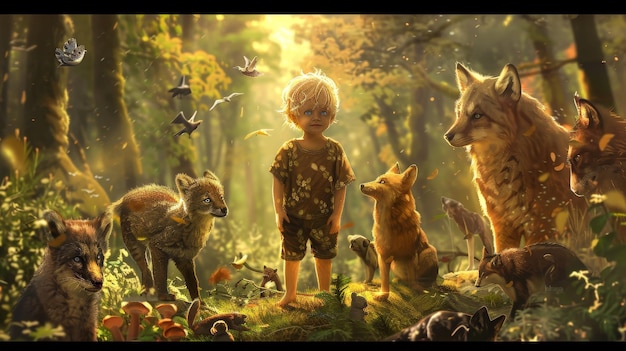 a boy stands in a forest with a fox and birds