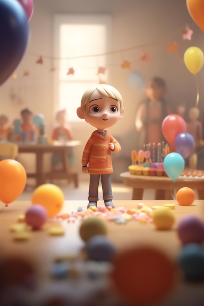 A boy stands in front of a birthday cake and balloons.