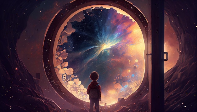 A boy stands in front of a door that says'the universe'on it