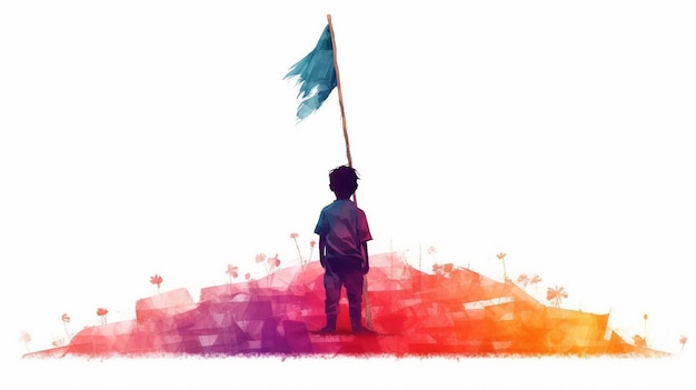 A boy stands in front of a flag in hill Colorful gradient art on white background Vibrant color