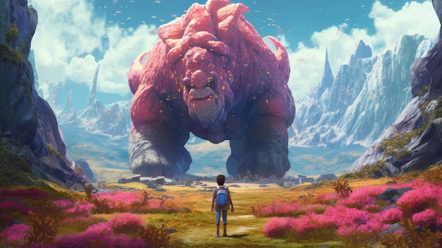 A boy stands in front of a giant pink monster