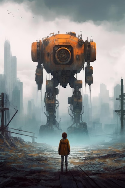 A boy stands in front of a giant robot that says'the robot '