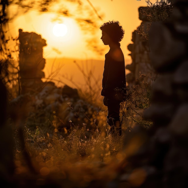 Photo a boy stands in front of a ruined building at sunset