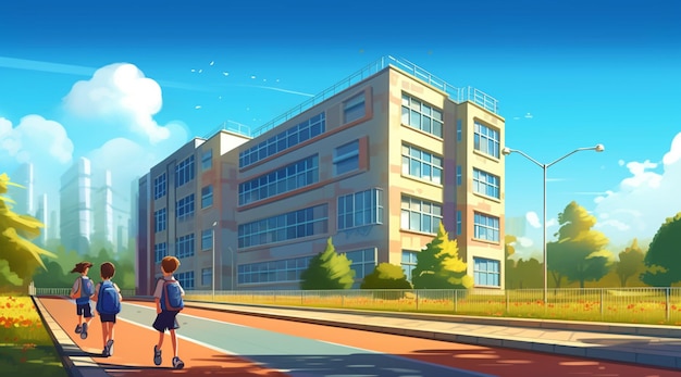 A boy stands in front of a school building.