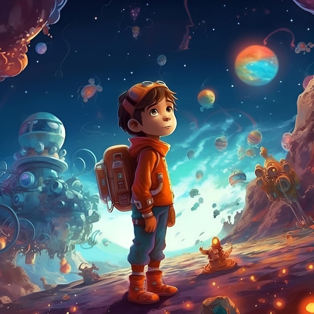 A boy stands on a hill in front of a space scene.