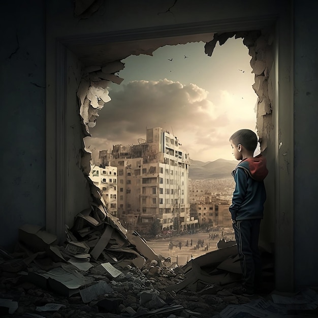 A boy stands in a hole in a wall that has a picture of a city in the background.