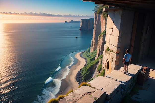 A boy stands on a ledge looking out at the ocean.