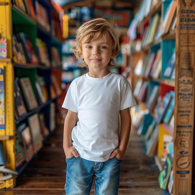 Photo a boy stands in a library with his hands on his hips