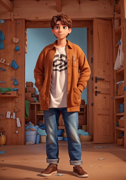 a boy stands in a room with a shirt that says  t - shirt