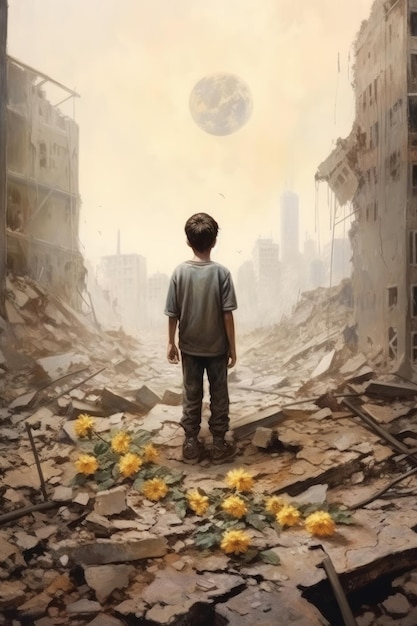 A boy stands in a ruined city with a planet in the background.