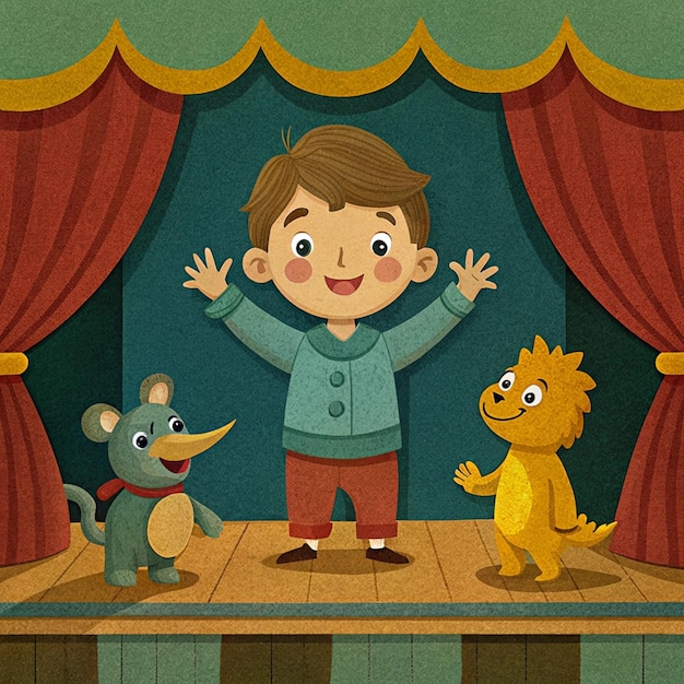 Photo a boy stands on a stage with a cartoon character and a stuffed animal on the stage