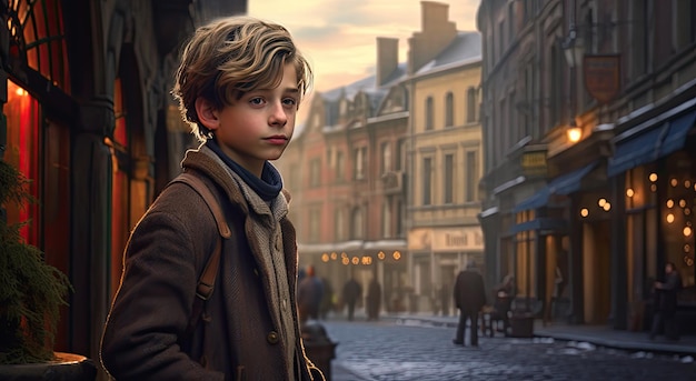 A boy stands in the street in front of a building with a sign that says'the little prince '