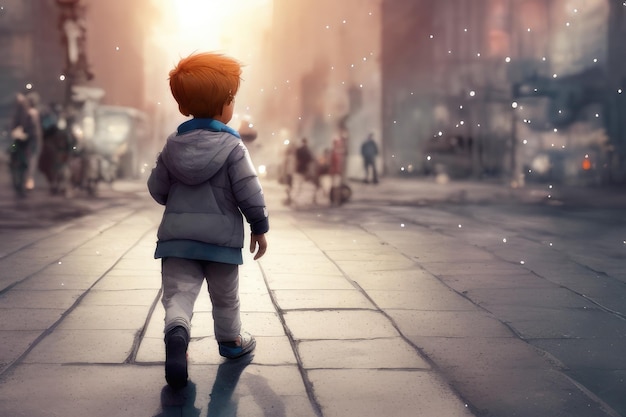 A boy stands on a street looking at a street with a light in the background.