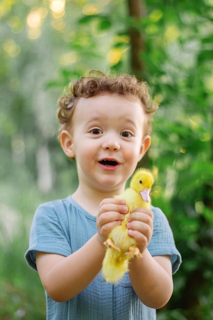 A boy on the street is playing with ducklings Photo session Happiness ChildhoodxAxA