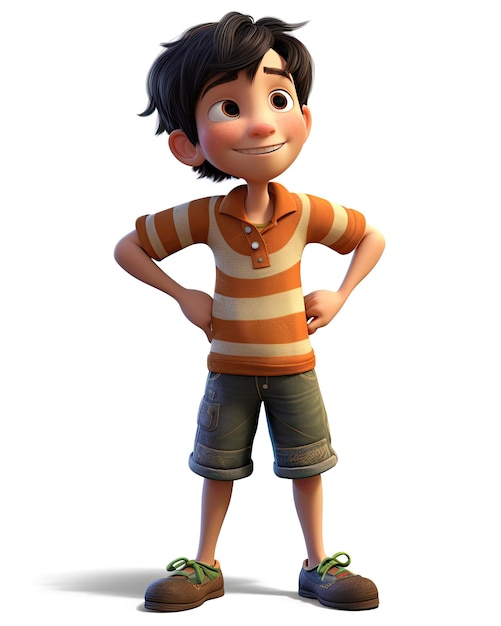 A boy in a striped shirt with the word pixar on the front.