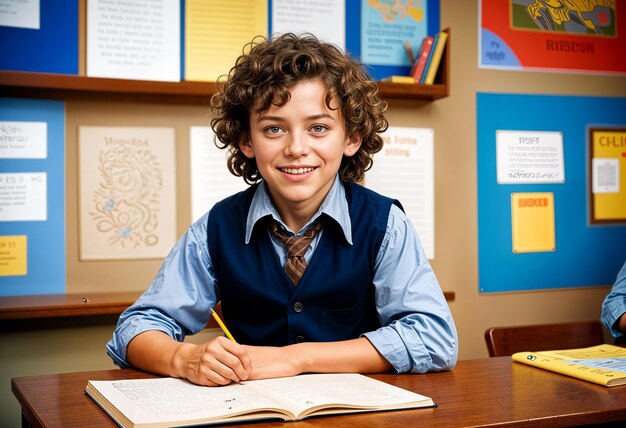 A boy student sits at a desk with a notebook and writing with a smile in study room or classroom