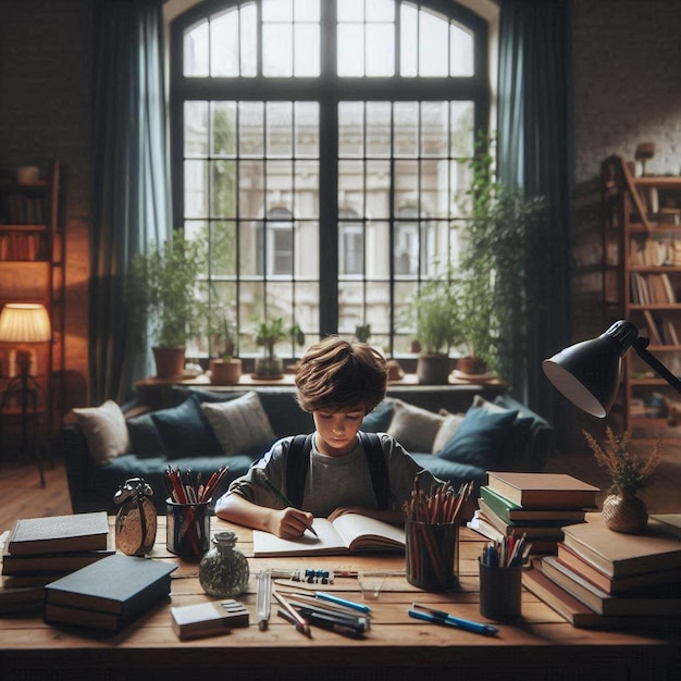 Photo boy studying at home