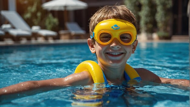 boy swims in the pool wearing glasses snorkeling diving