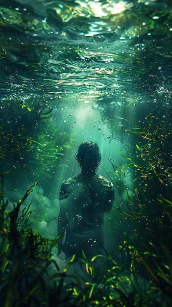 a boy swims under the water with the underwater view