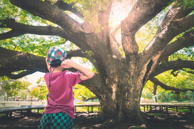 Boy taking photo with a large old tree with sunshinein Kanchanaburi Thailand For Enviromental concept