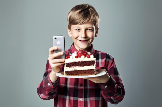 A boy taking a picture of a cake with a phone.