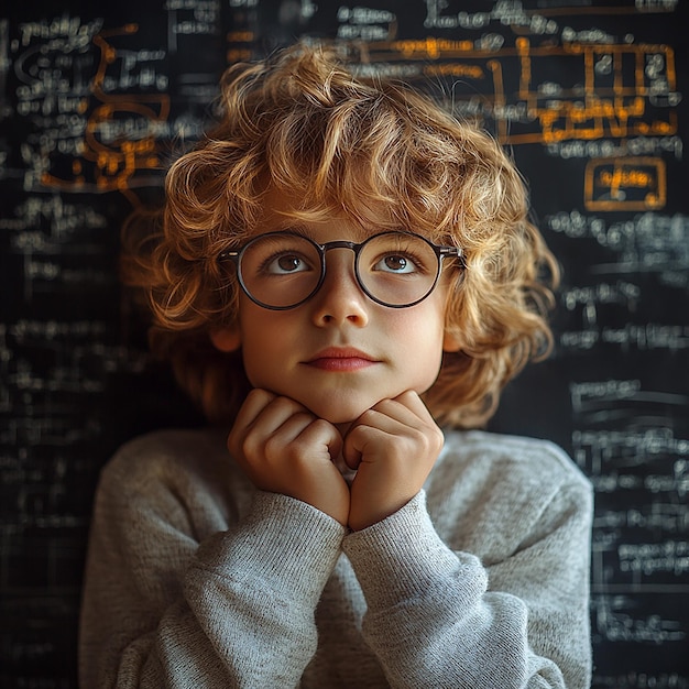 Photo a boy thinking ideas for title in school