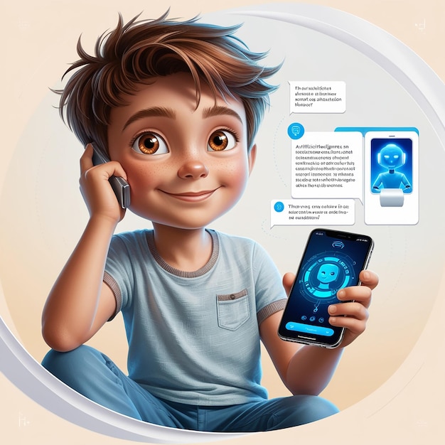 Boy thinking and using Chat bot in mobile phone Artificial intelligence hologram icons and helpdesk speech bubble and messages