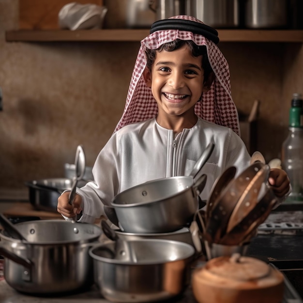 A boy in a traditional arabian outfit holds a pan in a kitchen.