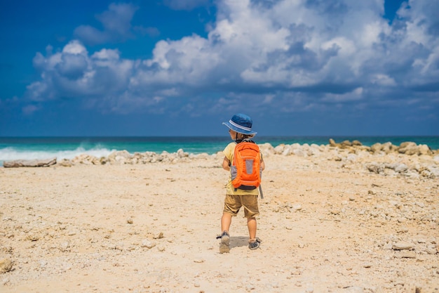 Boy traveler on amazing Melasti Beach with turquoise water Bali Island Indonesia Traveling with kids concept