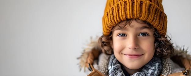 A boy in trendy winterwear smiles in a clean white studio Concept Outdoor Photoshoot Colorful Props Joyful Portraits Playful Poses