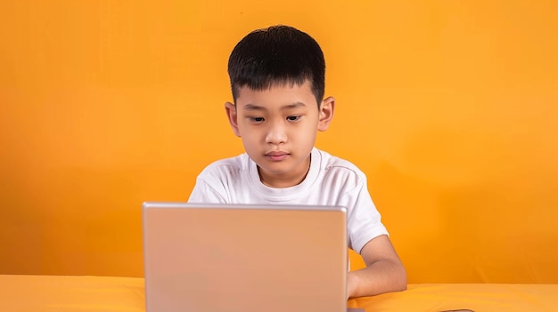 The boy using laptop at home sitting at table