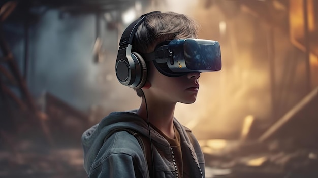 Boy in VR headset glasses in fantastic metaverse virtual world Generative AI