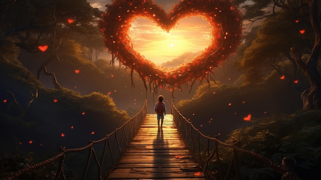 Boy walking on a bridge through the heart shape woods following the light Follow your heart concept