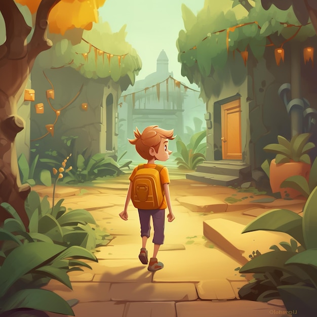 A boy walking down a path in a jungle with a yellow backpack.