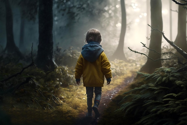 A boy walking through a forest with a yellow jacket on.