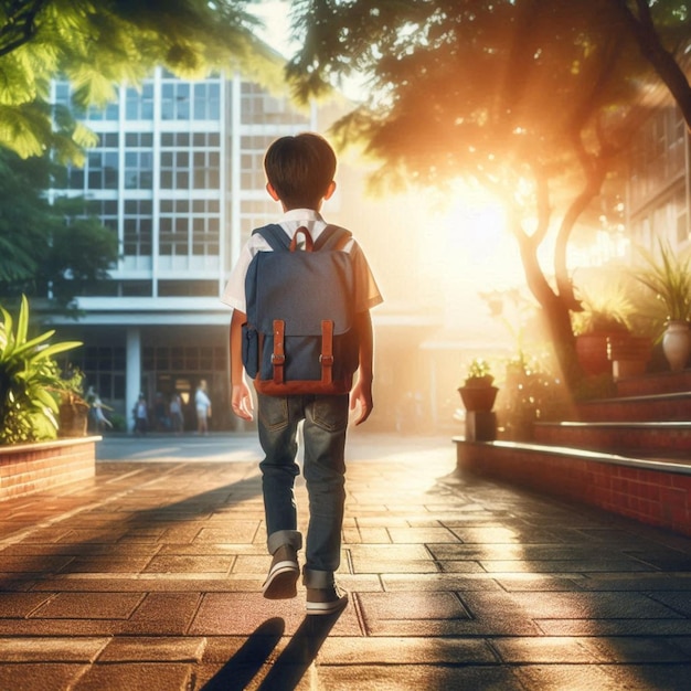 a boy walks down a sidewalk with a backpack on his back