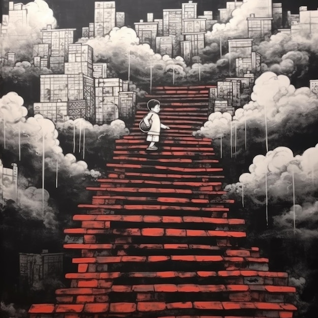 The boy wants to go up the stairs to reach the clouds