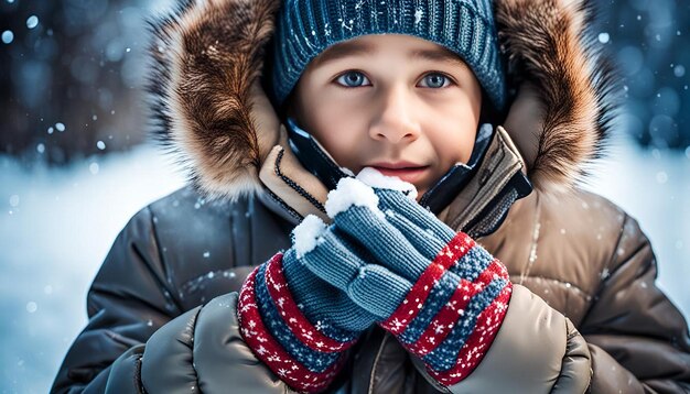 A boy warms his hands from the cold in winter