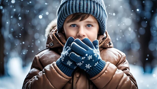 A boy warms his hands from the cold in winter