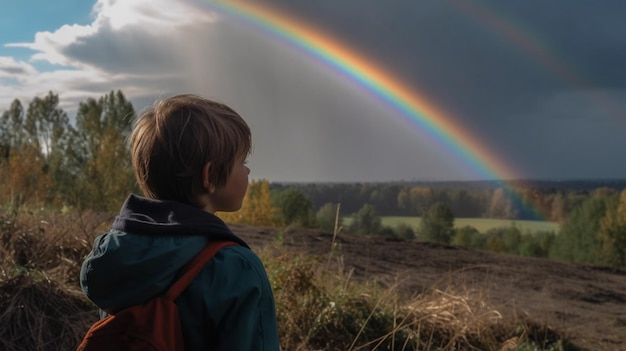 Boy watching rainbow landscape