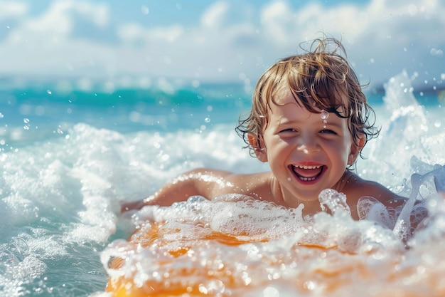 a boy in the water with a yellow boogie board