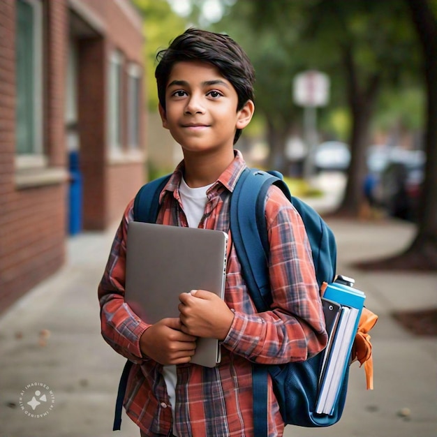 a boy wearing a backpack and a book is walking down the sidewalk