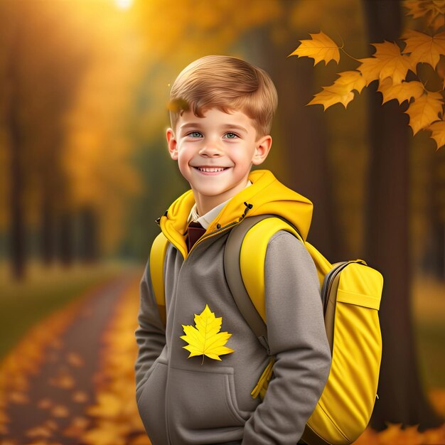 a boy wearing a backpack with a yellow leaf on it