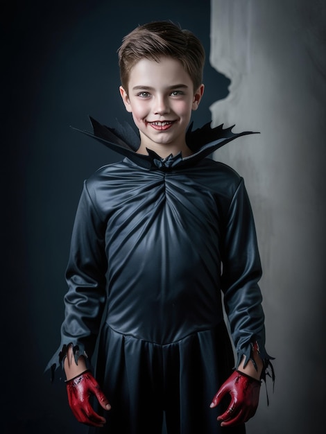 Photo a boy wearing a black dress with a red umbrella