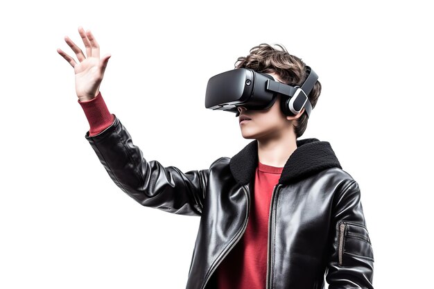 A boy wearing a black leather jacket holds a virtual reality headset