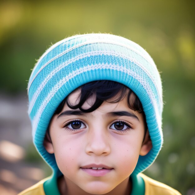 A boy wearing a blue and green striped hat is smiling.