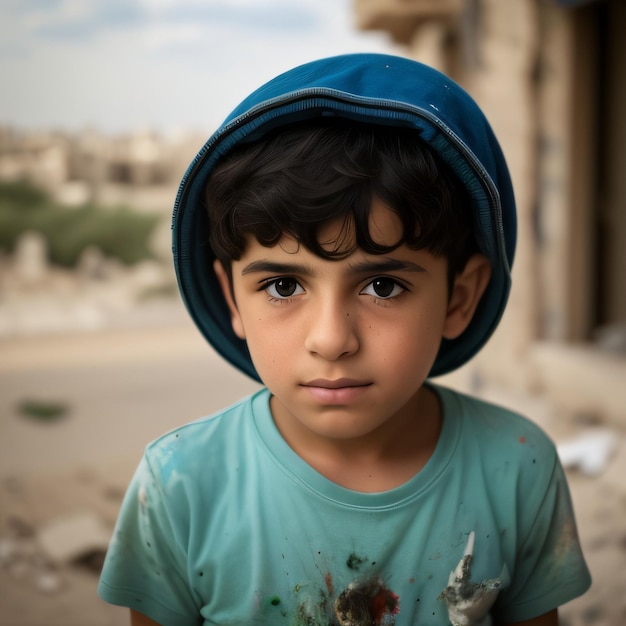 A boy wearing a blue hat and a shirt with the word " on it.